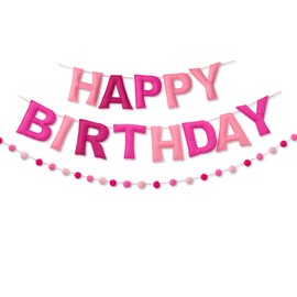 Pink Happy Birthday Banner Felt Ball Garland Pre-Strung Happy Birthday Sign for Party Backdrop Decorations for Women & Girls