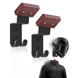 2 Pack Motorcycle Helmet holder, Solid Wood & Strong Steel Design helmet holder wall mount, Hanger for Helmets & Racing Suit, Hat Rack for Motorcycle, Ski, Baseball, Football, and Bicycle Helmets