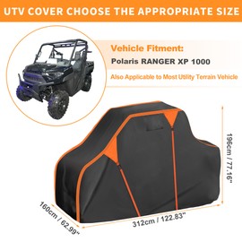 X AUTOHAUX UTV Cover for Polaris for Ranger XP 1000 Waterproof Side by Side Cover Outdoor Sun Rain Storage Protection 210D-PU Black 312x160x196cm/122.83x62.99x77.17in