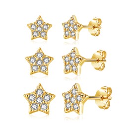 Josfeva Earrings 925 Silver Stud Earrings, 3 Pairs 925 Sterling Silver Stud Earrings Set for Women Girls, Heart Round Star Cubic Zirconia Stud Earrings, 4/5/6 mm Sleeping Cartilage Stud Earrings with