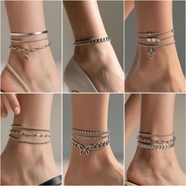 IXNEOP 16 Pcs Gold/Silver Anklet Bracelets for Women Cuban chain Heart-shaped Beads Layered Adjustable Size Beach Daily Party (silver)