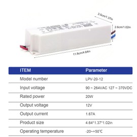 DrapeMania LPV-20-12 20W LED Driver, 12V 1.67A, IP67 Waterproof, Class 2 Power Supply, UL/CE/EAC, for LED Lighting, Signboard