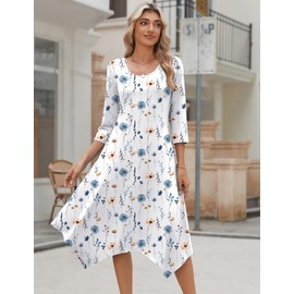 Zeagoo Casual Midi 3/4 Sleeve Dress Elegant Church Dresses 2025 Floral A Line Wedding Dresses Vintage Modest Business Petite Dress Vestidos Casuales para Mujer White Blue