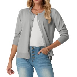 GRECERELLE Cardigan for Women Crew Neck Long Sleeve Open Front Button Down Classic Knit Sweater Casual Loose Light Gray-L