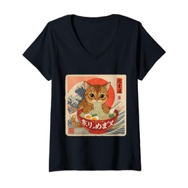 Womens Tabby Cat Ramen Japanese Wave Art for Women, Men, and Kids V-Neck T-Shirt
