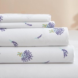 AMWAN Floral California King Size Sheets Set White 4 Piece，Extra Deep Pocket Sheets - Soft Flat Sheet - Cooling Bed Sheets Purple Floral Super Soft with Fitted Sheet,2 Pillowcases Set