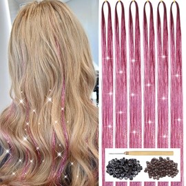 Pink Hair Tinsel Kit with Tool 6pcs 1200 Strands Glitter Tinsel Hair Extensions Heat Resistant Sparkling Shiny Fairy Hair Accessories for Women Girls Kids 47Inch