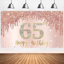 Happy 65th Birthday Banner Backdrop Decorations for Women, Rose Gold 65 Birthday Party Sign Supplies, Pink 65 Year Old Birthday Poster Background Photo Booth Props Decor