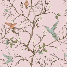 VEELIKE Pink Chinoiserie Floral Wallpaper Peel and Stick Vintage Bird Wallpaper Prepasted Floral Contact Paper for Cabinets Drawers 17.7''x354'' Removable Self Adhesive Wall Paper for Bedroom Bathroom
