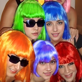 MIUSKATL 16 Pack Colored Bob Wigs with Bangs, Colorful Wigs with Sunglasses Bulk, Neon Party Fun Hair Wig for Women Costume Cosplay (Multicolor)