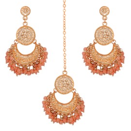 Touchstone NEW Indian Bollywood Handcrafted Traditional Floral Embossed Chaand Crescent Moon Inspired Peach Color Beads Hangings Earrings Mangtika Combo In Antique Gold Tone For Women