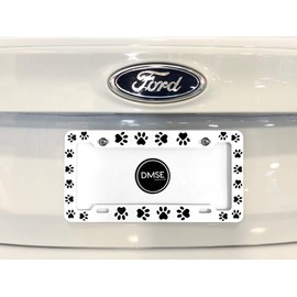 DMSE Animal Pet Dog Cat License Plate Frame For Your Car Automobile Easy Installation Durable Universal Fit (White With Black Paw)