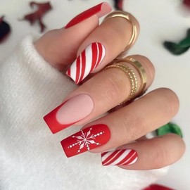 Christmas Press on Nails Medium Square with French Red White snowflake Designs,Xmas Fake Nails Red Full Cover Stick on Nails French Tips False Nails Gel Glue on Nail for Women Winter 24Pcs