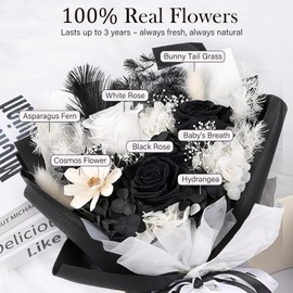 MAMAMIKO Preserved Flowers for Delivery - 3 Real Eternal Roses in Gift Box, Long Lasting Black and White Rose Bouquet, Birthday Gifts for Women, Mother, Wife, Her