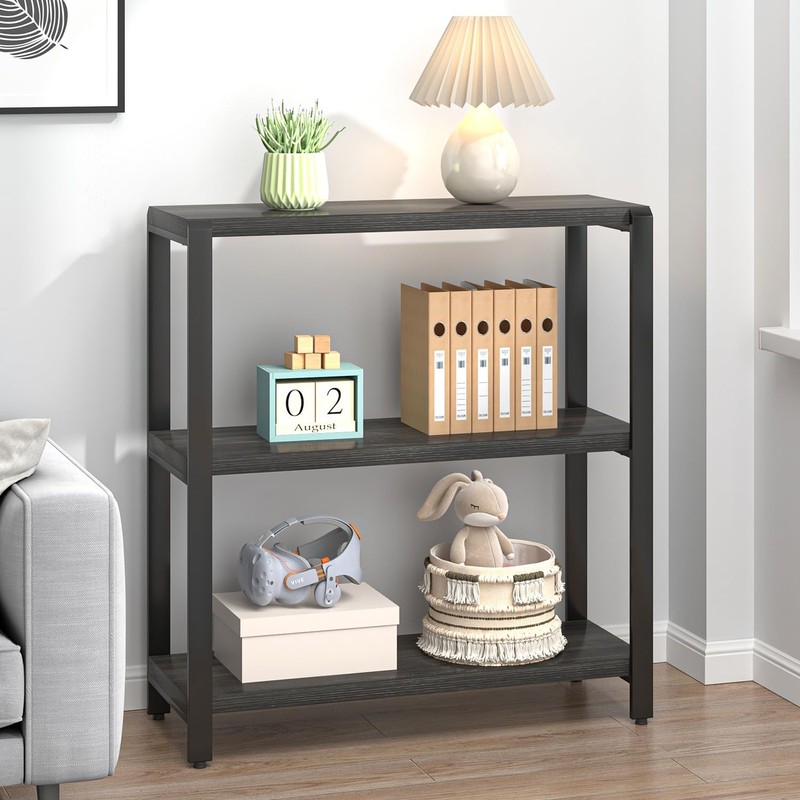 FOLUBAN Rustic Small Bookshelf and Bookcase, 3 Tier Low Short
