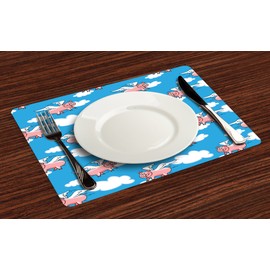 Lunarable Pig Place Mats Set of 4, Flying Pig Cartoon Style Characters with Wings The Saying Kid Clouds, Washable Fabric Placemats for Dining Room Kitchen Table Decor, Pink White