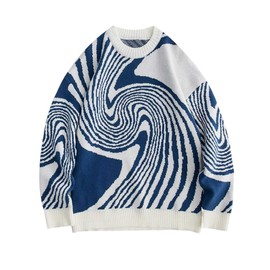 Yimoon Mens Oversized Graphic Sweaters Crewneck Y2K Unisex Vintage Aesthetic Knitted Long Sleeve Jumper Tops(Blue-L)