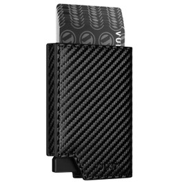 VULKIT Credit Card Holder RFID Blocking Pop Up Leather Card Holder for Men and Women with Note Compartment and Magnetic Closure, Cf Black, Minimalist