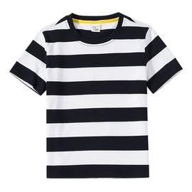 DINGDONG'S CLOSET Kid Boy Girl Summer Crewneck Cotton Casual Striped Short Sleeve Tshirt (Black, 9-10T)