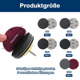 Schleifscheiben Pad, 50 Stück Schleifpapier Klett 75mm, 800/1000/1200/1500/2000/Sortiert Grits Nasse Trockene Schleifscheiben für Auto Metall Holz
