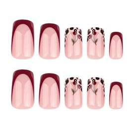 XZMeiLun Pink Press On Nails Short Square, Leopard Print French Tip False Nails Short, Reusable Stick On Acrylic Fake Nails with Glue For Women, 12Sizes-24Salon Quality Nail Kit, Valentine Day Gift