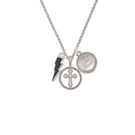 Delight Jewelry Silvertone Black Lightning Bolt Silver-tone Give Thanks to God Cross Pendant Necklace, 23"