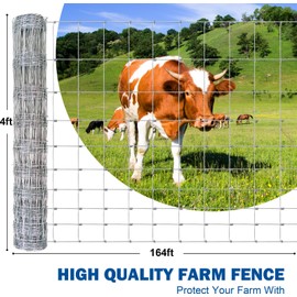 Farm Fence, 4ft x 164ft Galvanized Wire Fencing with Heavy Zinc Coating, Woven Hog Wire Fence for Cattle, Deer, Sheep, Goat, Livestock & Animals Protection, Fencing for Yard, Cattle Panel