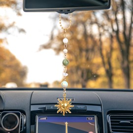 YBEATY 2 Pcs Sun Hanging Car Charm Flower Rear View Mirror Decor Cute Boho Accessories Handmade Healing Crystals Stones Ornament for Women Bag Keychain Car Pendant Accessory