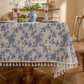 Rectangle Vintage Cotton Linen Tablecloth with Stitching Tassels Washable Fabric Table Cover for Dining Kitchen Tea Party, 60 x 120 Inches, Blue Rose Floral