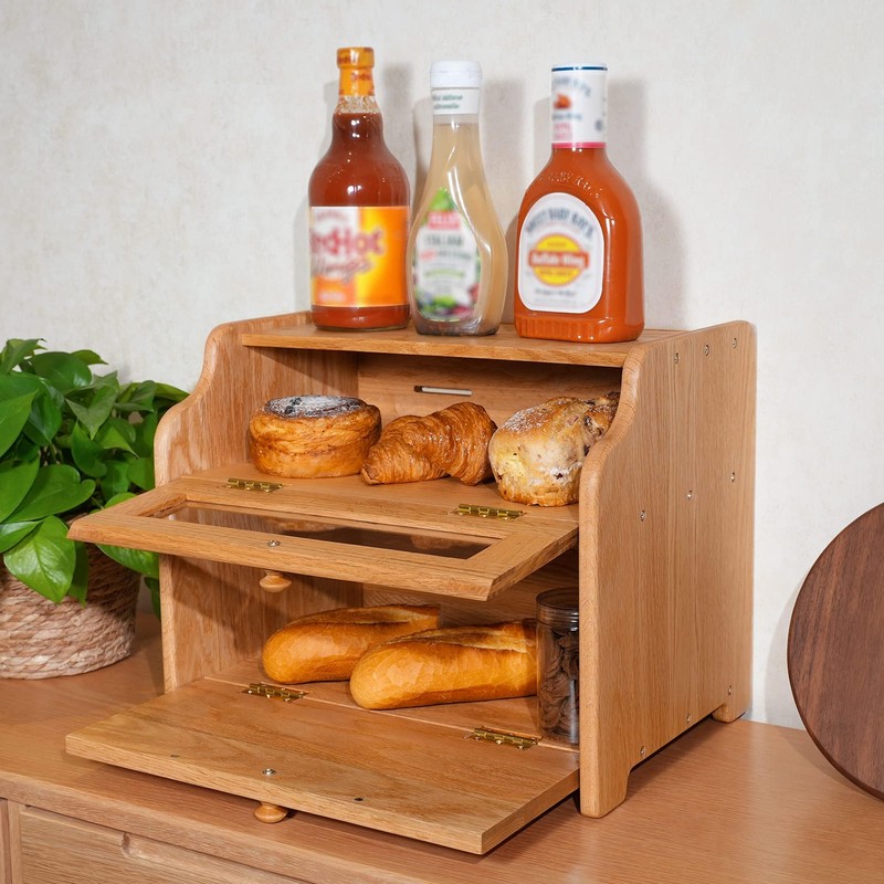 CONSDAN Bread Box, Solid Wood Oak Bread Box for Kitchen