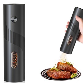 GDRYINPO Electric Pepper & Salt Grinder Mill (One Piece Black), Top feed, Whole Body Silo Large Capacity, Ceramic Core,Adjustable Coarseness, LED Light, One Handed Operation