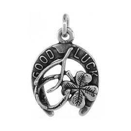 Sterling Silver Irish Lucky Charm Necklace Horseshoe Clover Wishbone Antiqued Finish 3/4 inch, 20 inch Chain BX_15