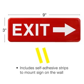 Excello Global Products Easy to Mount 9 by 3 in Informative Plastic Right Arrow Exit Sign with Symbols, Red, Pack of 2