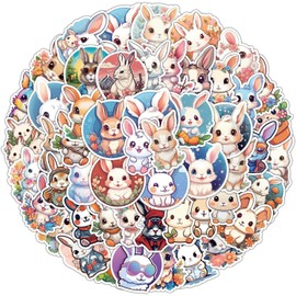 50PCS Cute Bunny Stickers, Cartoon Rabbit Stickers Packs for Boys Girls Teens, Vinyl Waterproof Kawaii Animals Decals for Water Bottle Laptop Skateboard Computer