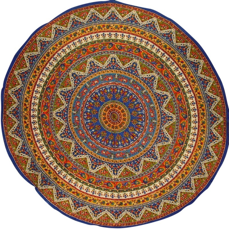 Indian Mandala Print Round Cotton Tablecloth 76" Blue