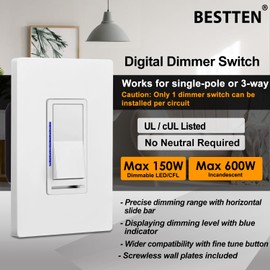 [10 Pack] BESTTEN Digital Dimmer Light Switch with LED Indicator, Single Pole or 3-Way, for Dimmable LED Lights, CFL, Incandescent, Halogen Bulbs, Screwless Wallplate Included, UL Listed, White