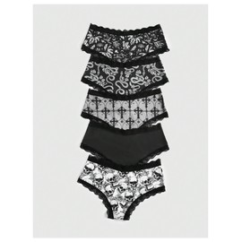WDIRARA Women's 5 Pack Set Goth Graphic Print Mesh Sheer Lace Trim Mid Rise Underwear Briefs Black Multicolor Large
