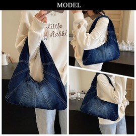 Extolove Denim Purse, Trendy Jean Purses for Women Denim Hobo Bag Y2K Shoulder Bag Handbags (Dark Blue)