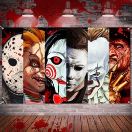 Decoración de fiesta de terror de Halloween, telón de fondo de fotos de personajes de película clásica de terror de 5.9 x 3.6 pies, suministros de fondo para niños y adultos, accesorios de cabina de
