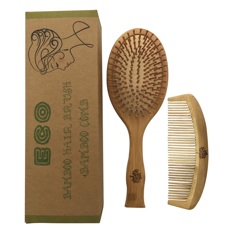 Bamboo hair brush and comb made of bamboo, set of
