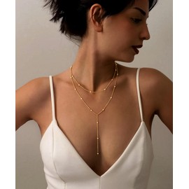 Hergory Gold Necklace Women, Dainty beaded necklace 14k Gold Plated Layered Y Shaped Drop Chain Lariat Necklaces Simple Trendy Non Tarnish Jewelry Gifts