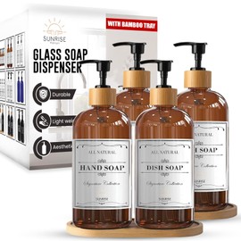 Sunrise Premium 16 OZ Thick Amber Glass Soap Dispenser, Bamboo Pump with Tray 4 Pack, Hand and Dish Soap Dispenser Set for Bathroom with 12 Waterproof Labels