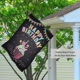 Mugod Happy Birthday House Flag 28 x 40 Double Sided Outside Burlap, Vintage Black Birthday Celebration Outdoor Large Yard Flags Seasonal Porch Holiday Decoration