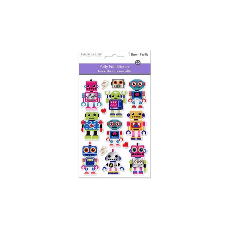Puffy Foil Robot Party Stickers for Crafts, Cardmaking, Scrapbooks, Classroom
