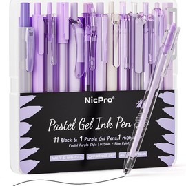 Nicpro 13Pack Pastel Gel Ink Pen Set with Case, Cute Retractable 0.5mm Fine Point Pen, 12 Pink Pens Black Ink with 1 Highlighter, Aesthetic Pens for Student Note Taking,Writing,Office Supplies (Pink):_Purple