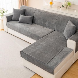 Mingfuxin Chenille Sofa Cover Slipcovers 1 2 3 4 Seater, Universal Non-Slip Corner Sofa Covers L shape Sectional Sofa Couch Cushion Covers Furniture Protector for Living Room(Dark Gray,90 * 210cm)