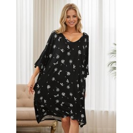 KFUBUO Plus Size Nightgowns for Women V-Neck Sleep Tshirts Dress Pjs Lounge Short Sleeves Sleepwear With Pocket Fit S-5XL Loungewear Soft Womenswear Comfortable DHJF230525 Cute Elastic - Color: Dragonfly