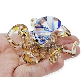 WitnyStore Tiny 3" Striped Blue Yellow Octopus Figurine - Miniature Hand Blown Glass Octopuses Squid Cuttlefish Marine Mollusks Colorful Crystal Sea Animals Decorative Collectible Figures Décor Gifts