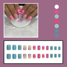 24 Pcs Valentine's Day Pink Press on Nails Short Square - SHANRUN Blue Nail Tips Acrylic Nail Kit Fake Nails Press ons Flash Oblique French Tip Glue on Nails Full Cover Nail Art False Nails for Women
