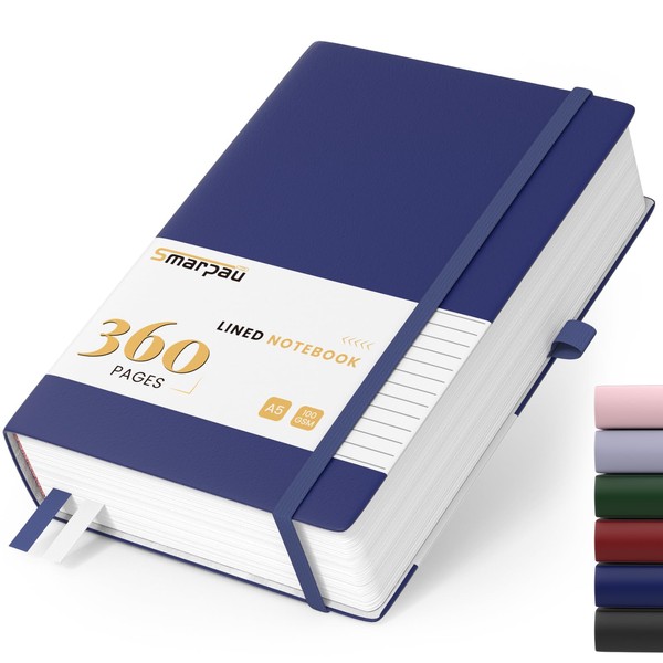 Smarpau A5 Notebook Lined, Hardcover Leather Notepad with 360 Pages